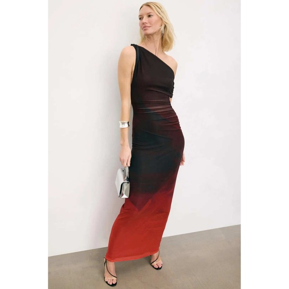 MISHA Nyra Mesh Gown Venus Print One Shoulder Maxi Dress Red Black Bodycon Sz S - Picture 1 of 14